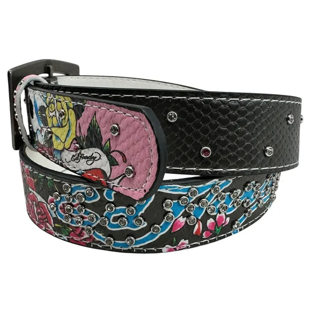Ed Hardy Women's Rhinestone Skull Printed Dark Pink/Brown Belt